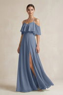 Ruffled Off - the - Shoulder A - Line Chiffon Bridesmaid Gown in Neptune - SHE IS ME Bridesmaid Dresses