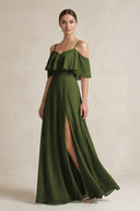 Ruffled Off - the - Shoulder A - Line Chiffon Bridesmaid Gown in Olive - SHE IS ME Bridesmaid Dresses