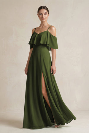 Ruffled Off - the - Shoulder A - Line Chiffon Bridesmaid Gown in Olive - SHE IS ME Bridesmaid Dresses