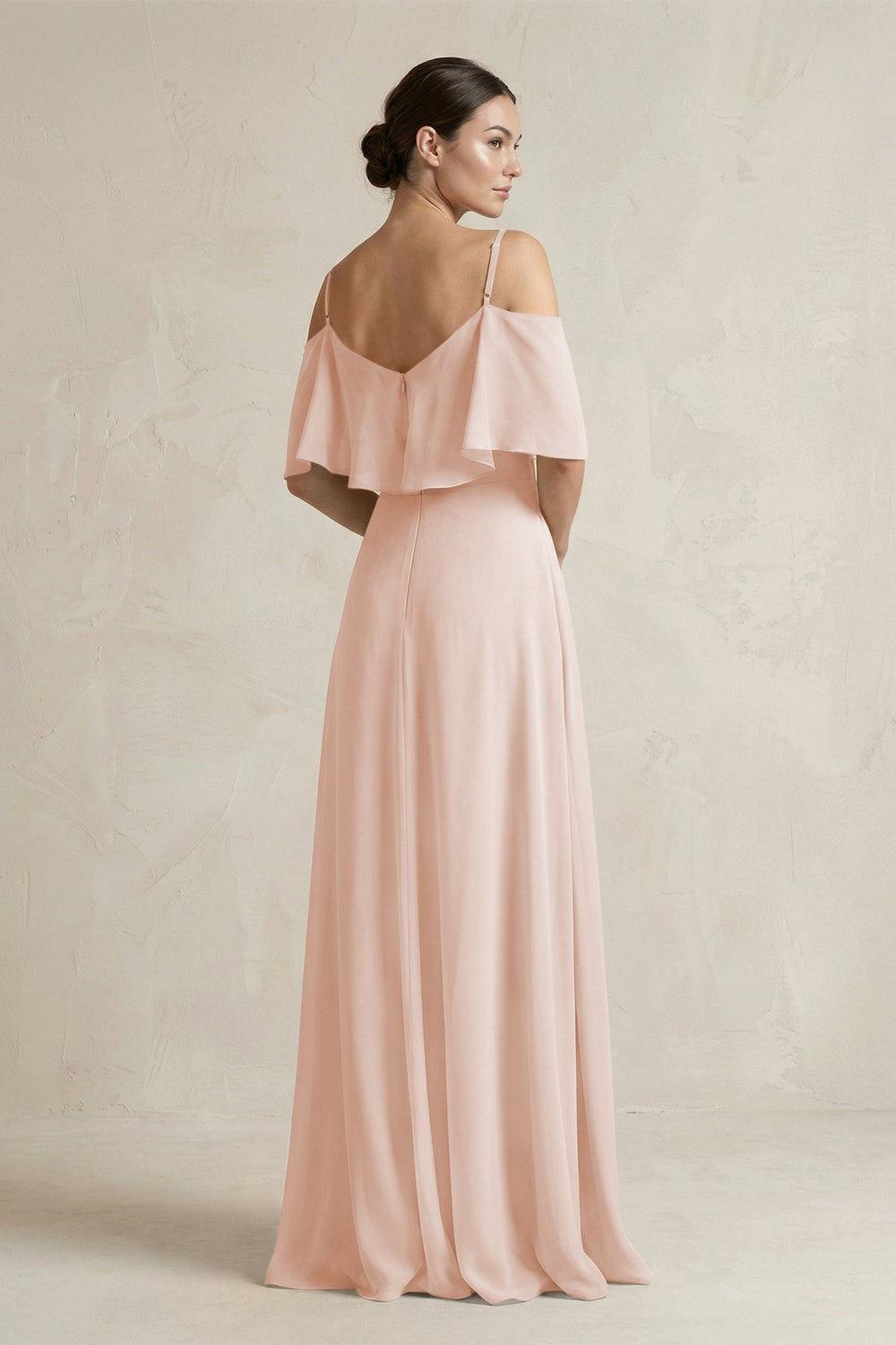 Ruffled Off - the - Shoulder A - Line Chiffon Bridesmaid Gown in Pale Blush - SHE IS ME Bridesmaid Dresses
