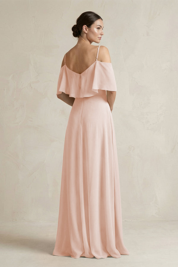 Ruffled Off - the - Shoulder A - Line Chiffon Bridesmaid Gown in Pale Blush - SHE IS ME Bridesmaid Dresses