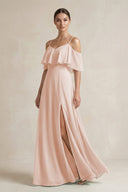 Ruffled Off - the - Shoulder A - Line Chiffon Bridesmaid Gown in Pale Blush - SHE IS ME Bridesmaid Dresses