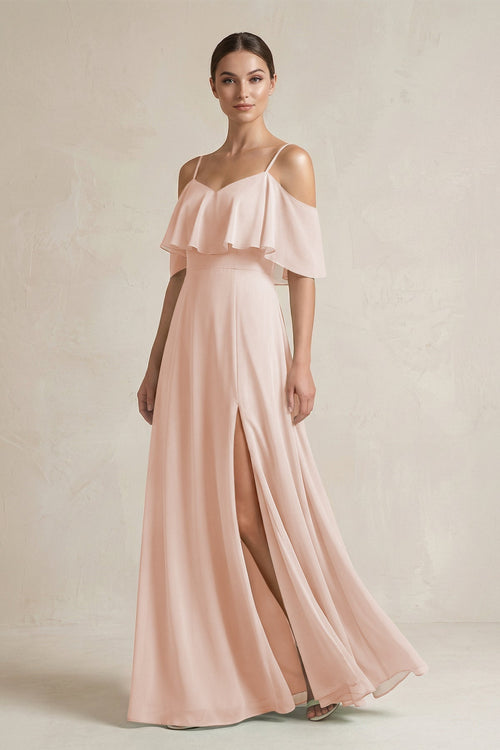 Ruffled Off - the - Shoulder A - Line Chiffon Bridesmaid Gown in Pale Blush - SHE IS ME Bridesmaid Dresses