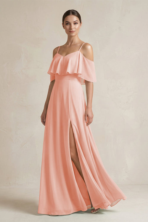 Ruffled Off - the - Shoulder A - Line Chiffon Bridesmaid Gown in Rose Petal - SHE IS ME Bridesmaid Dresses