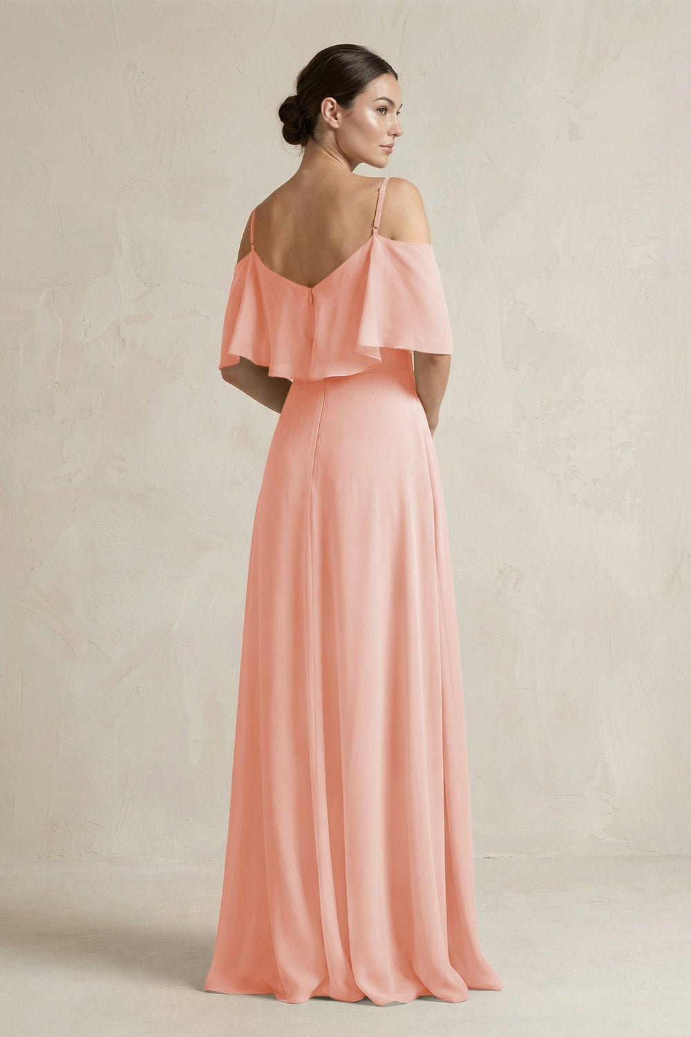 Ruffled Off - the - Shoulder A - Line Chiffon Bridesmaid Gown in Rose Petal - SHE IS ME Bridesmaid Dresses