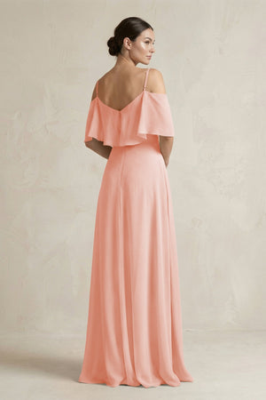 Ruffled Off - the - Shoulder A - Line Chiffon Bridesmaid Gown in Rose Petal - SHE IS ME Bridesmaid Dresses