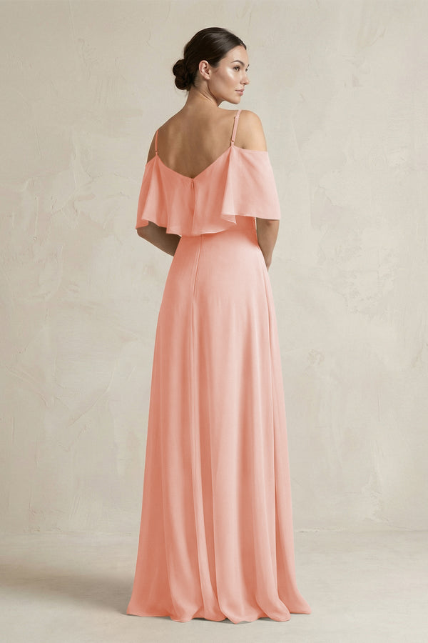 Ruffled Off - the - Shoulder A - Line Chiffon Bridesmaid Gown in Rose Petal - SHE IS ME Bridesmaid Dresses