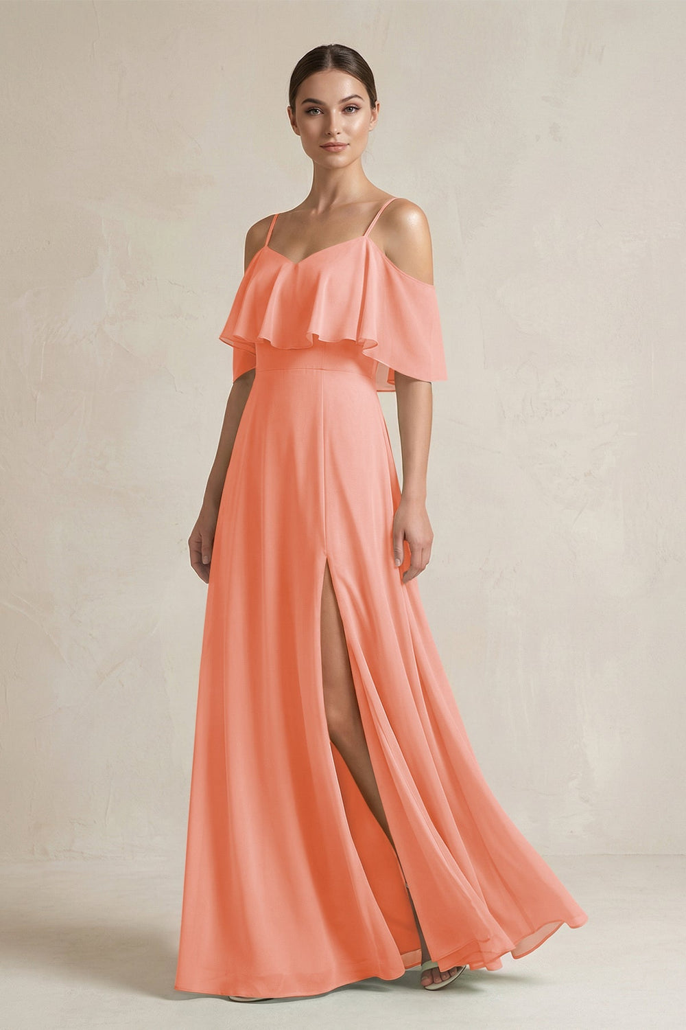 Ruffled Off - the - Shoulder A - Line Chiffon Bridesmaid Gown in Rosette - SHE IS ME Bridesmaid Dresses