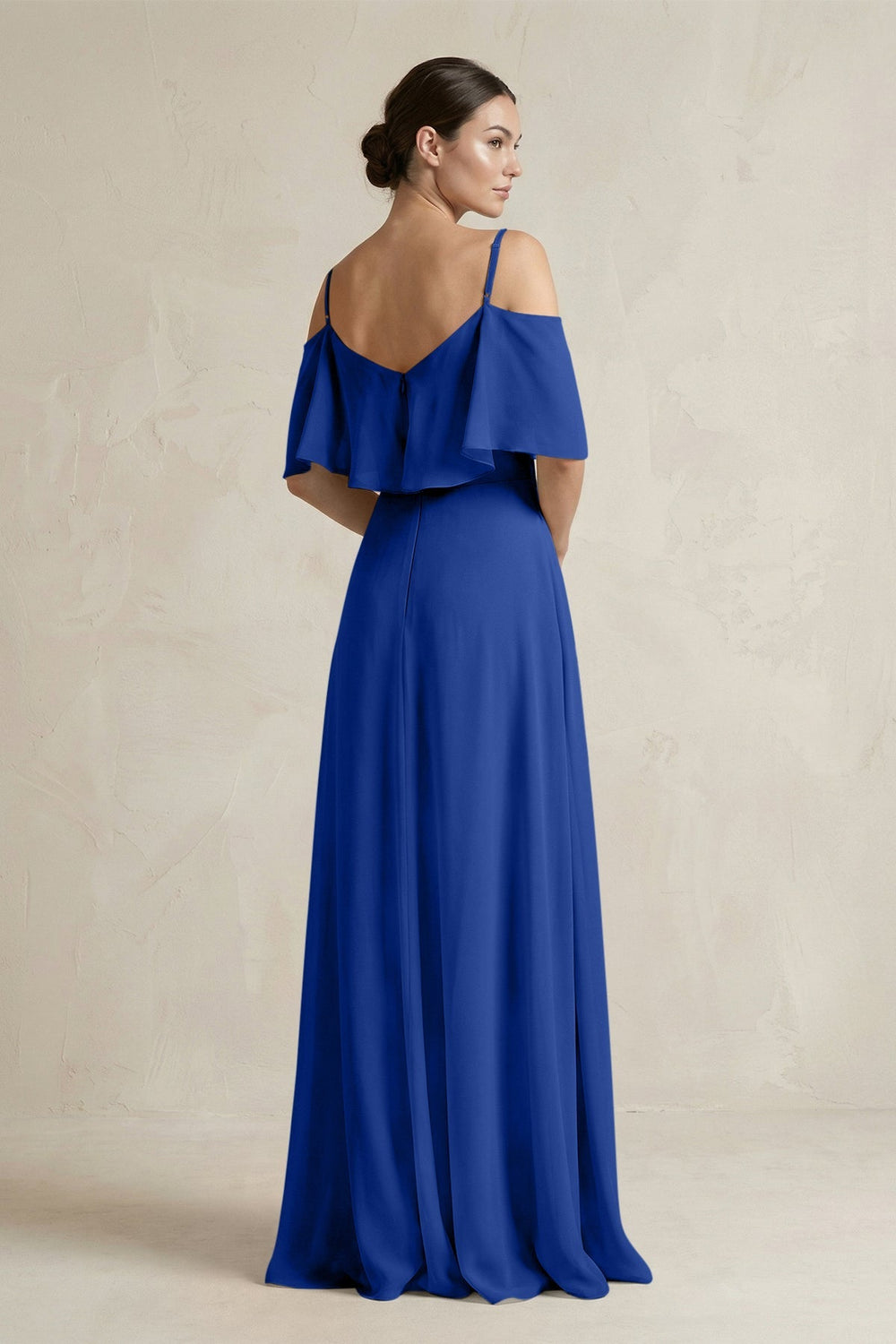 Ruffled Off - the - Shoulder A - Line Chiffon Bridesmaid Gown in Royal Blue - SHE IS ME Bridesmaid Dresses