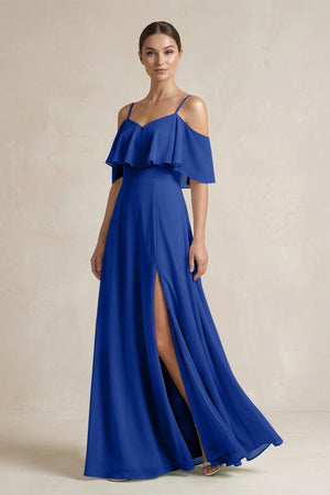 Ruffled Off - the - Shoulder A - Line Chiffon Bridesmaid Gown in Royal Blue - SHE IS ME Bridesmaid Dresses