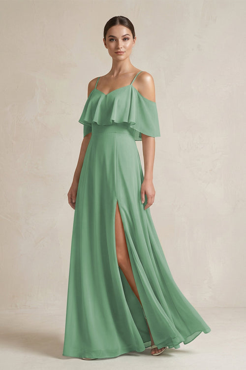 Ruffled Off - the - Shoulder A - Line Chiffon Bridesmaid Gown in Sea Glass - SHE IS ME Bridesmaid Dresses