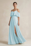Ruffled Off - the - Shoulder A - Line Chiffon Bridesmaid Gown in Sky Blue - SHE IS ME Bridesmaid Dresses