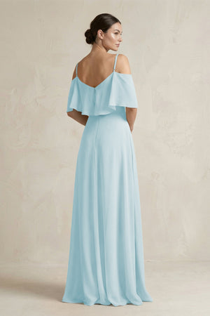 Ruffled Off - the - Shoulder A - Line Chiffon Bridesmaid Gown in Sky Blue - SHE IS ME Bridesmaid Dresses