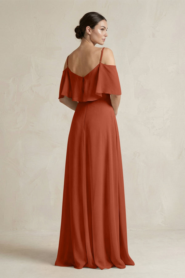 Ruffled Off - the - Shoulder A - Line Chiffon Bridesmaid Gown in Spice - SHE IS ME Bridesmaid Dresses