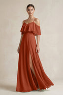 Ruffled Off - the - Shoulder A - Line Chiffon Bridesmaid Gown in Spice - SHE IS ME Bridesmaid Dresses