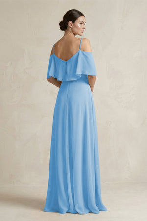 Ruffled Off - the - Shoulder A - Line Chiffon Bridesmaid Gown in Steel Blue - SHE IS ME Bridesmaid Dresses