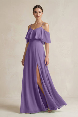 Ruffled Off - the - Shoulder A - Line Chiffon Bridesmaid Gown in Tahiti - SHE IS ME Bridesmaid Dresses