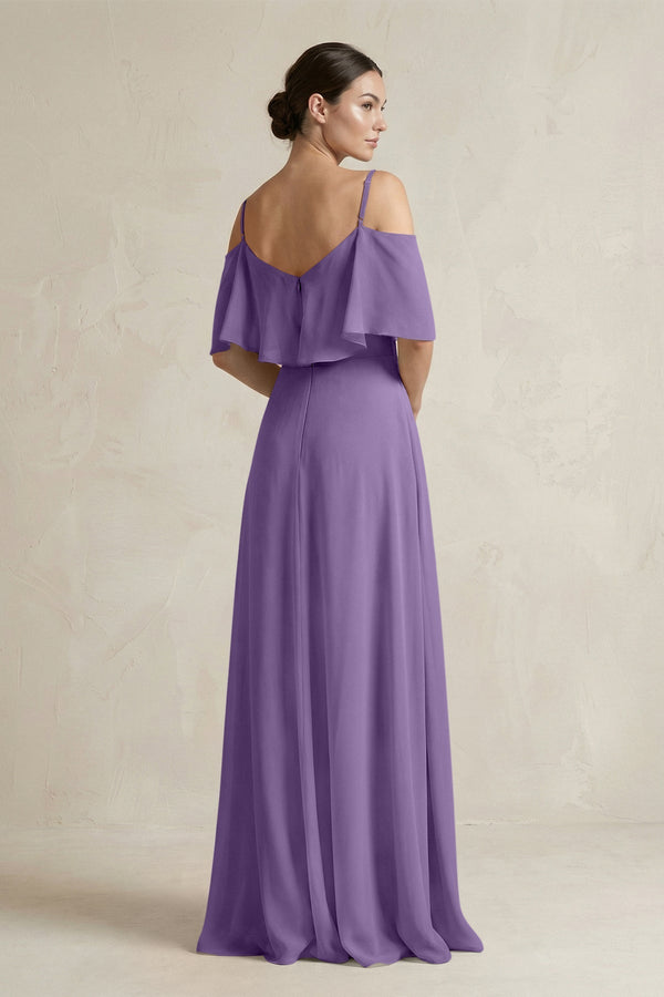 Ruffled Off - the - Shoulder A - Line Chiffon Bridesmaid Gown in Tahiti - SHE IS ME Bridesmaid Dresses