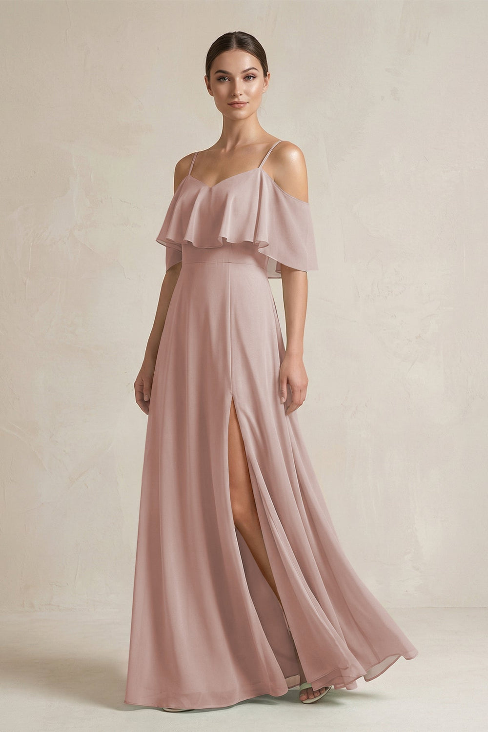 Ruffled Off - the - Shoulder A - Line Chiffon Bridesmaid Gown in Toffee - SHE IS ME Bridesmaid Dresses