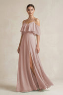 Ruffled Off - the - Shoulder A - Line Chiffon Bridesmaid Gown in Toffee - SHE IS ME Bridesmaid Dresses