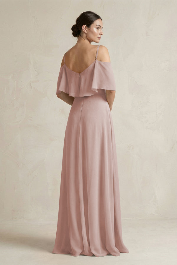 Ruffled Off - the - Shoulder A - Line Chiffon Bridesmaid Gown in Toffee - SHE IS ME Bridesmaid Dresses