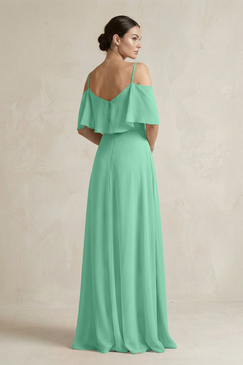 Ruffled Off - the - Shoulder A - Line Chiffon Bridesmaid Gown in Turquoise - SHE IS ME Bridesmaid Dresses