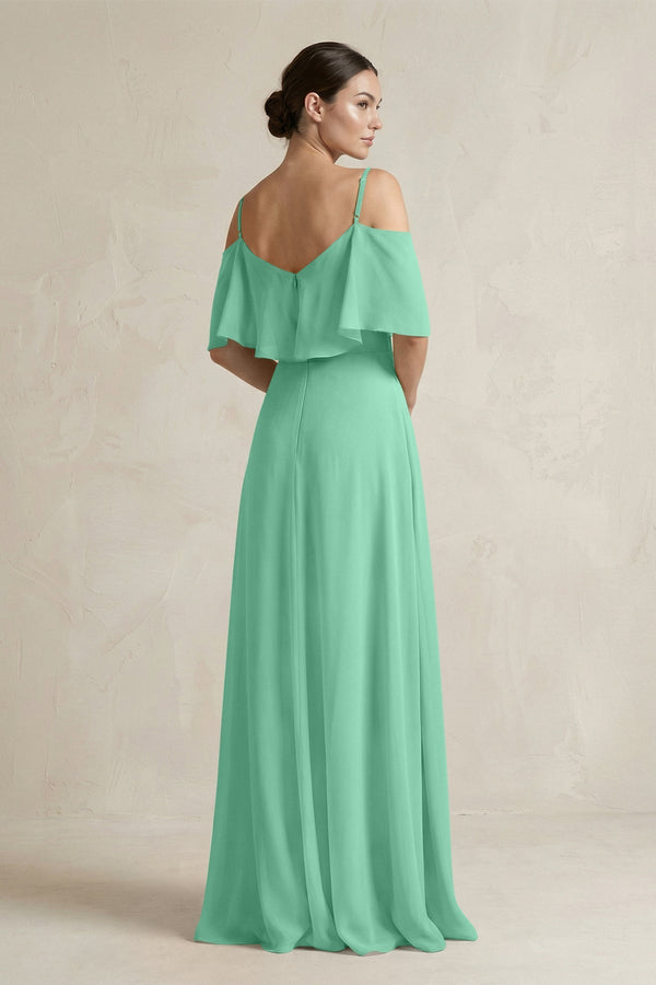 Ruffled Off - the - Shoulder A - Line Chiffon Bridesmaid Gown in Turquoise - SHE IS ME Bridesmaid Dresses