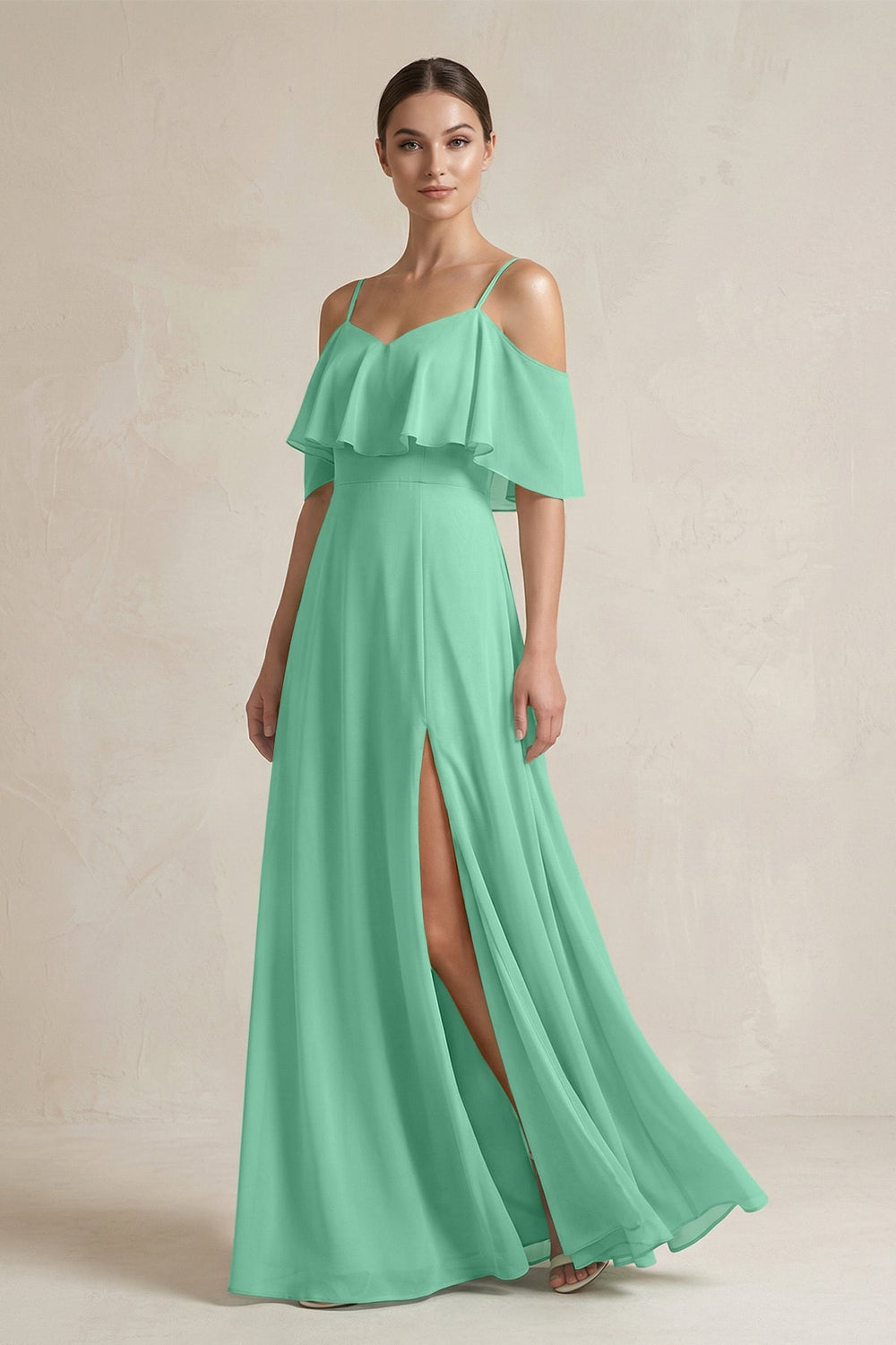 Ruffled Off - the - Shoulder A - Line Chiffon Bridesmaid Gown in Turquoise - SHE IS ME Bridesmaid Dresses