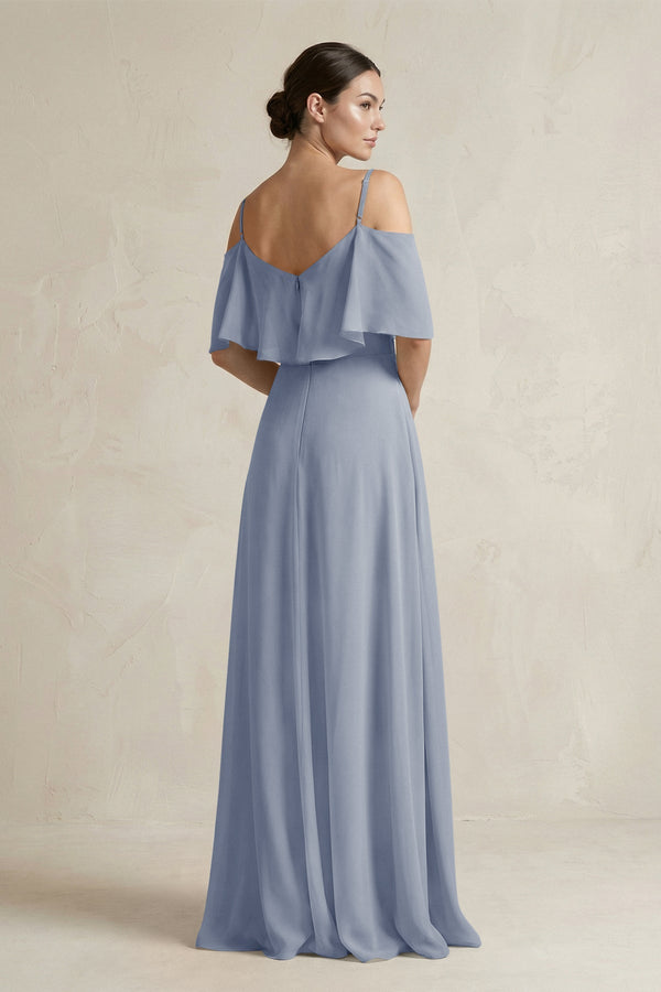 Ruffled Off - the - Shoulder A - Line Chiffon Bridesmaid Gown in Twilight - SHE IS ME Bridesmaid Dresses