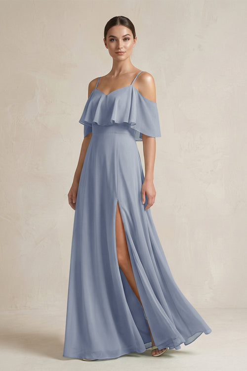 Ruffled Off - the - Shoulder A - Line Chiffon Bridesmaid Gown in Twilight - SHE IS ME Bridesmaid Dresses