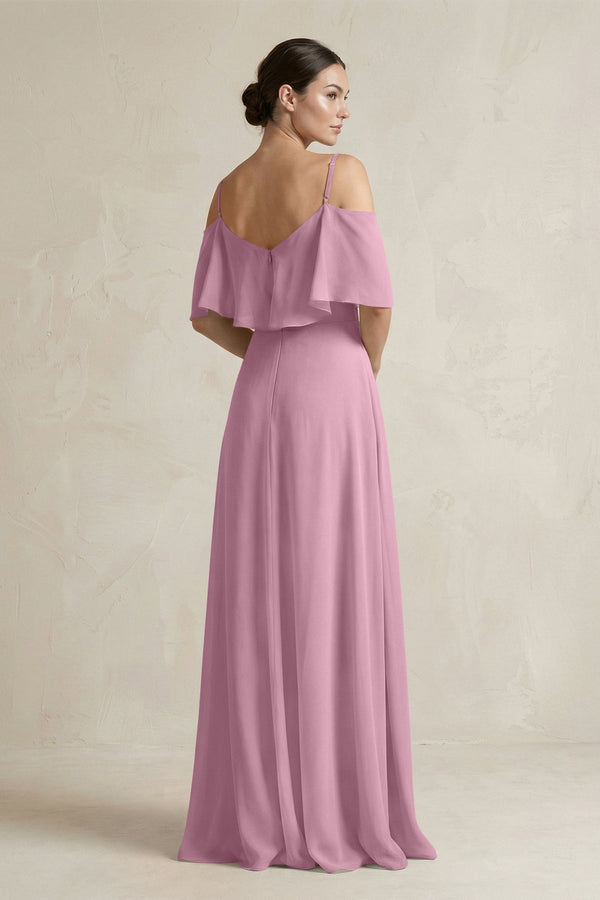 Ruffled Off - the - Shoulder A - Line Chiffon Bridesmaid Gown in Vintage Mauve - SHE IS ME Bridesmaid Dresses