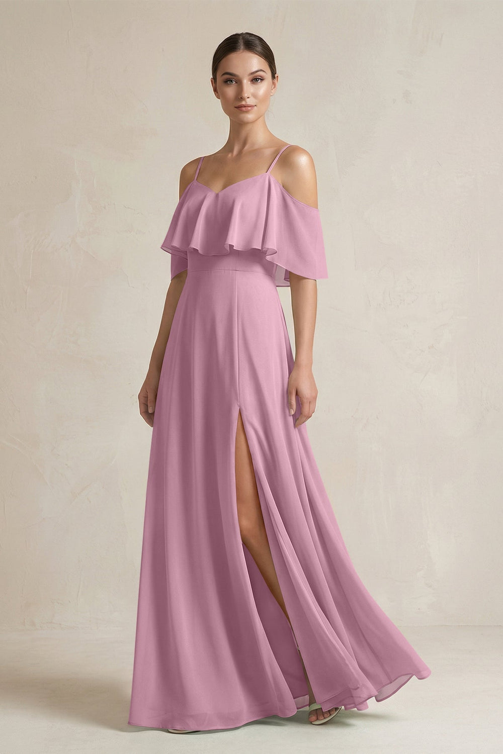 Ruffled Off - the - Shoulder A - Line Chiffon Bridesmaid Gown in Vintage Mauve - SHE IS ME Bridesmaid Dresses