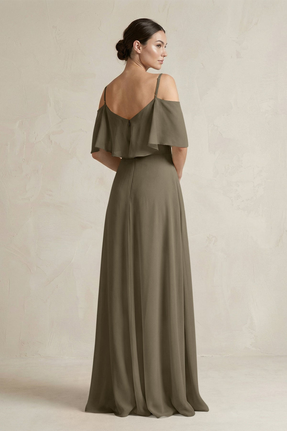 Ruffled Off - the - Shoulder A - Line Chiffon Bridesmaid Gown in Willow Green - SHE IS ME Bridesmaid Dresses