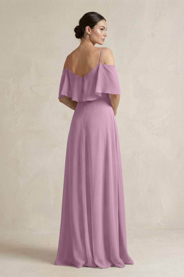 Ruffled Off - the - Shoulder A - Line Chiffon Bridesmaid Gown in Wisteria - SHE IS ME Bridesmaid Dresses