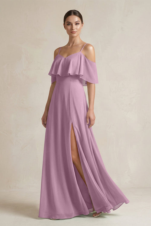 Ruffled Off - the - Shoulder A - Line Chiffon Bridesmaid Gown in Wisteria - SHE IS ME Bridesmaid Dresses