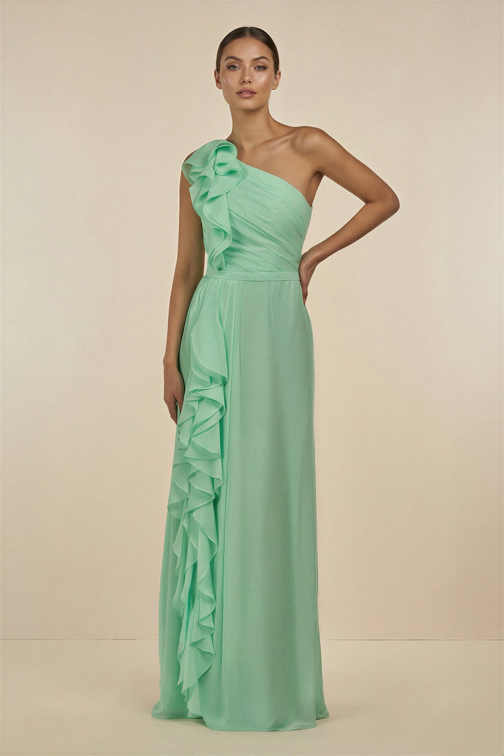Ruffled One-Shoulder Pleated Sheath Bridesmaid Dress in Pale Pistachio - SHE IS ME BRIDESMAID DRESSES