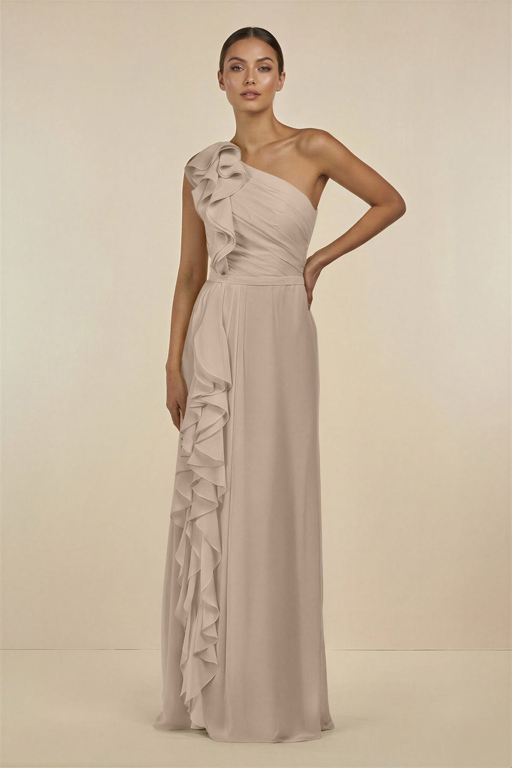 Ruffled One - Shoulder Pleated Sheath Bridesmaid Dress in Almond - SHE IS ME Bridesmaid Dresses