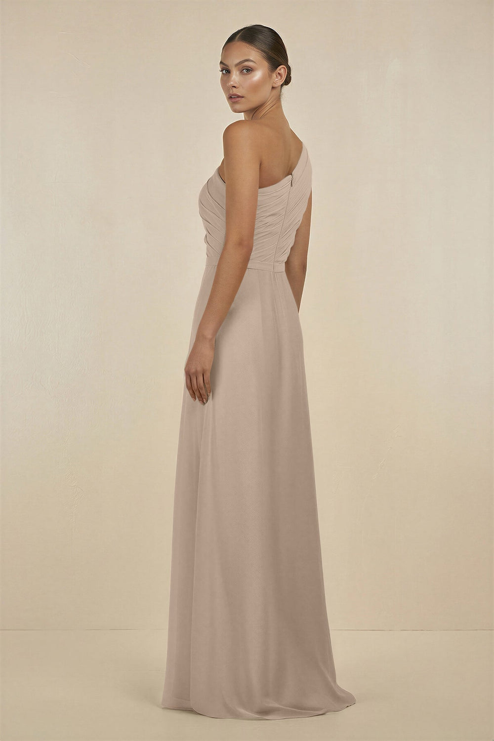 Ruffled One - Shoulder Pleated Sheath Bridesmaid Dress in Almond - SHE IS ME Bridesmaid Dresses