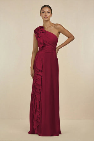 Ruffled One - Shoulder Pleated Sheath Bridesmaid Dress in Berry - SHE IS ME Bridesmaid Dresses