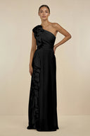 Ruffled One - Shoulder Pleated Sheath Bridesmaid Dress in Black - SHE IS ME Bridesmaid Dresses
