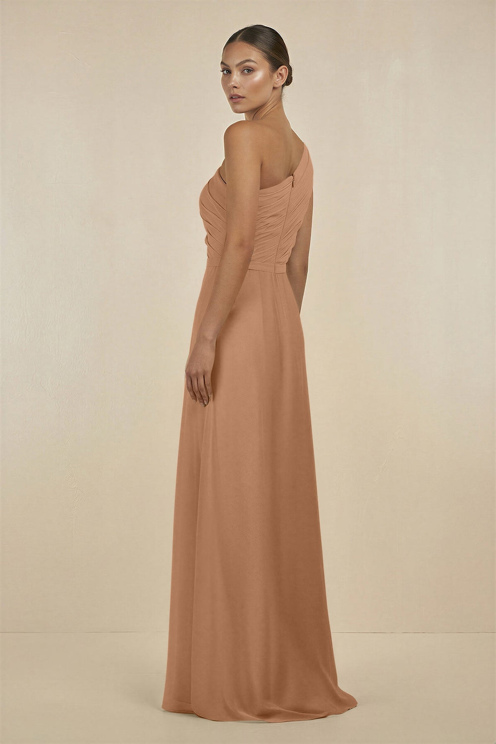 Ruffled One - Shoulder Pleated Sheath Bridesmaid Dress in Bronzer - SHE IS ME Bridesmaid Dresses
