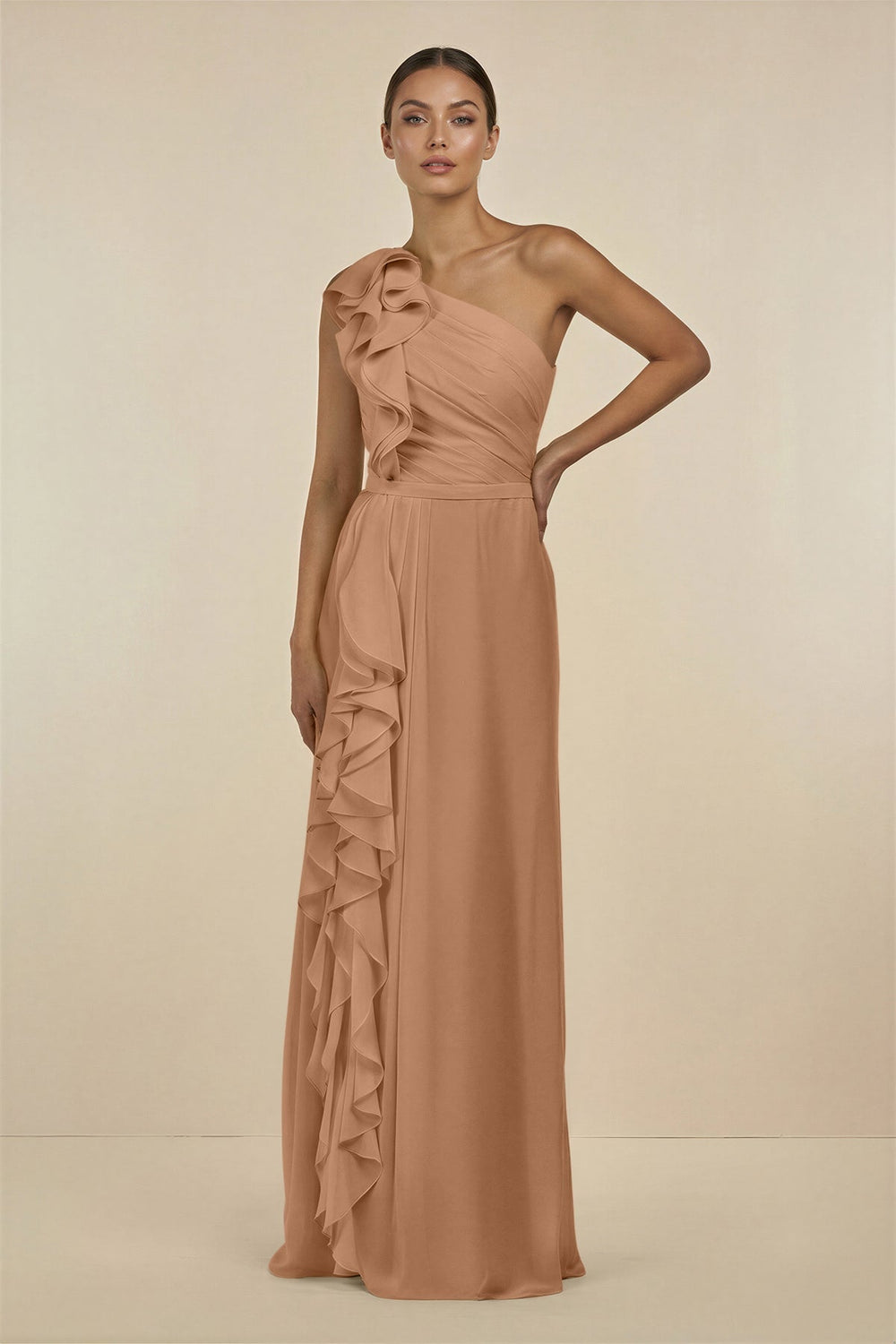 Ruffled One - Shoulder Pleated Sheath Bridesmaid Dress in Bronzer - SHE IS ME Bridesmaid Dresses