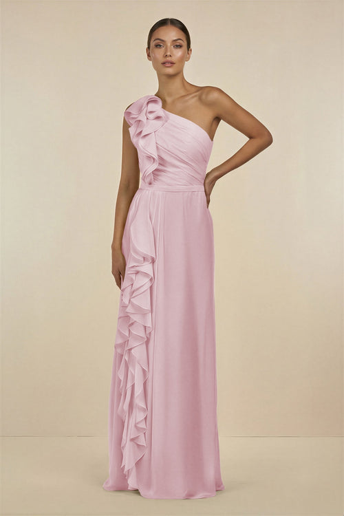 Ruffled One - Shoulder Pleated Sheath Bridesmaid Dress in Candy Pink - SHE IS ME Bridesmaid Dresses