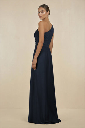 Ruffled One - Shoulder Pleated Sheath Bridesmaid Dress in Dark Navy - SHE IS ME Bridesmaid Dresses