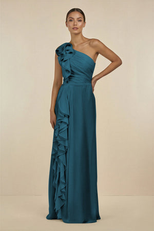 Ruffled One - Shoulder Pleated Sheath Bridesmaid Dress in Dark Teal - SHE IS ME Bridesmaid Dresses