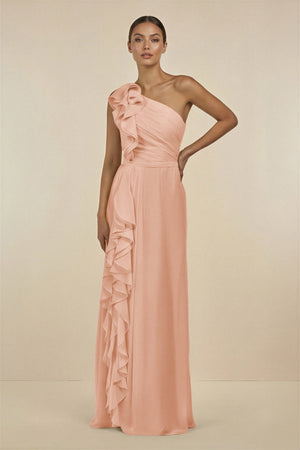 Ruffled One - Shoulder Pleated Sheath Bridesmaid Dress in English Rose - SHE IS ME Bridesmaid Dresses