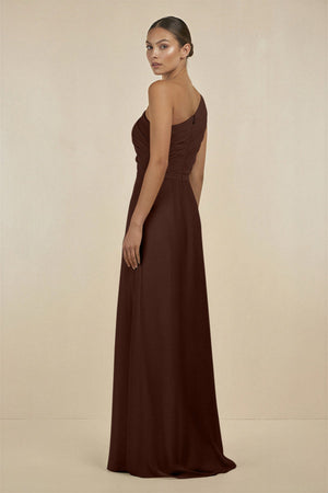 Ruffled One - Shoulder Pleated Sheath Bridesmaid Dress in Espresso - SHE IS ME Bridesmaid Dresses