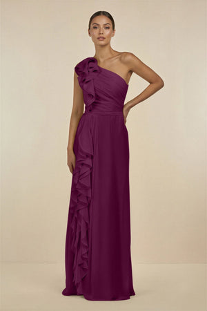 Ruffled One - Shoulder Pleated Sheath Bridesmaid Dress in Fig - SHE IS ME Bridesmaid Dresses