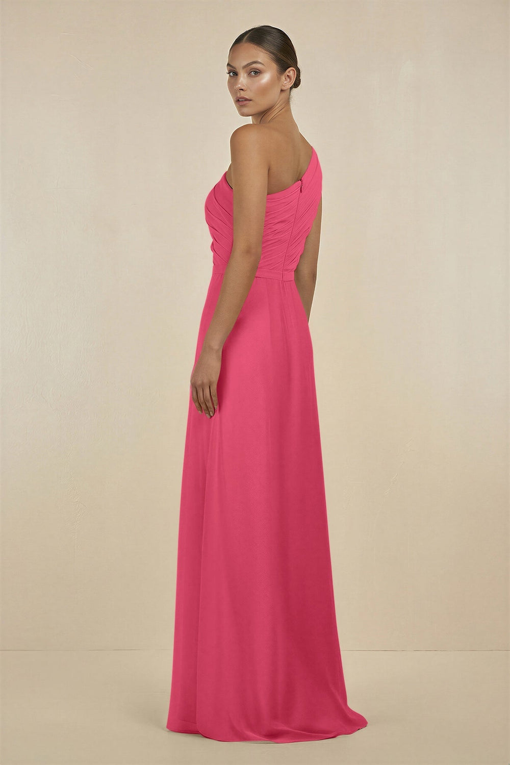 Ruffled One - Shoulder Pleated Sheath Bridesmaid Dress in Fuchsia - SHE IS ME Bridesmaid Dresses