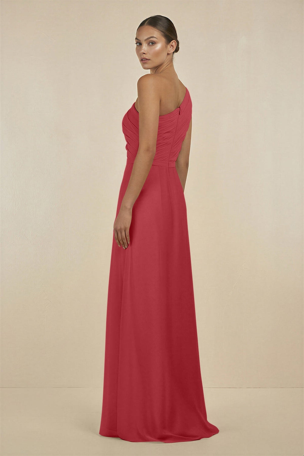 Ruffled One - Shoulder Pleated Sheath Bridesmaid Dress in Merlot - SHE IS ME Bridesmaid Dresses